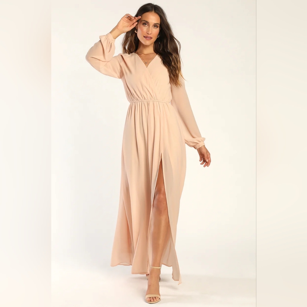 Lulus Wondrous Water Lilies Blush Pink Maxi Dress Long Sheer Sleeves- M